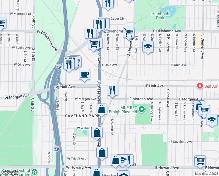 map of restaurants, bars, coffee shops, grocery stores, and more near 220 East Holt Avenue in Milwaukee