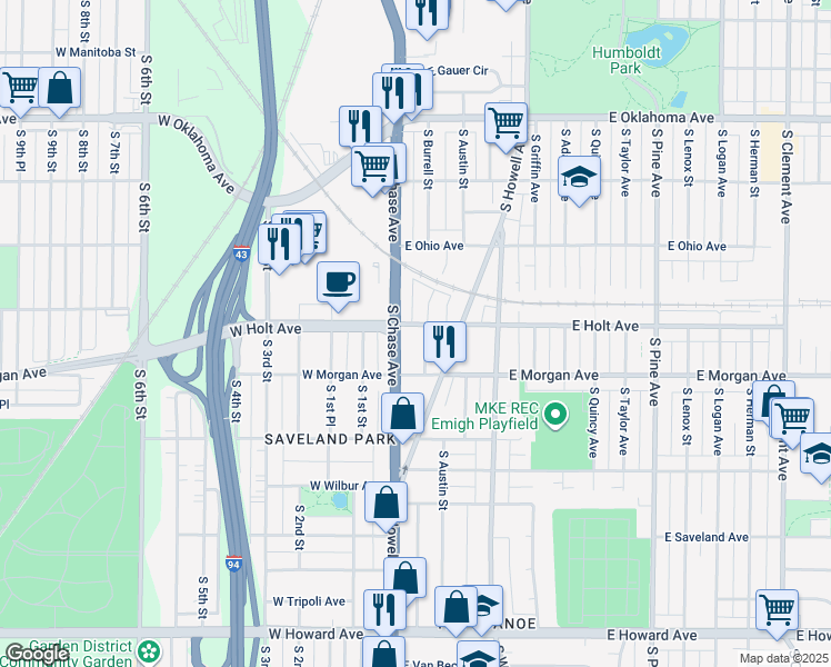map of restaurants, bars, coffee shops, grocery stores, and more near 3396 South Chase Avenue in Milwaukee