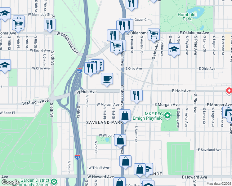 map of restaurants, bars, coffee shops, grocery stores, and more near 150C West Holt Avenue in Milwaukee