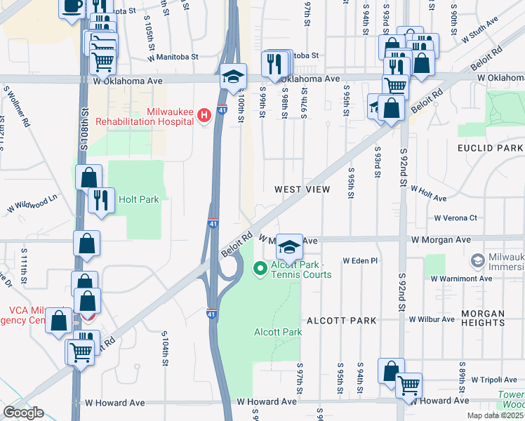 map of restaurants, bars, coffee shops, grocery stores, and more near 3319 South 99th Court in Milwaukee