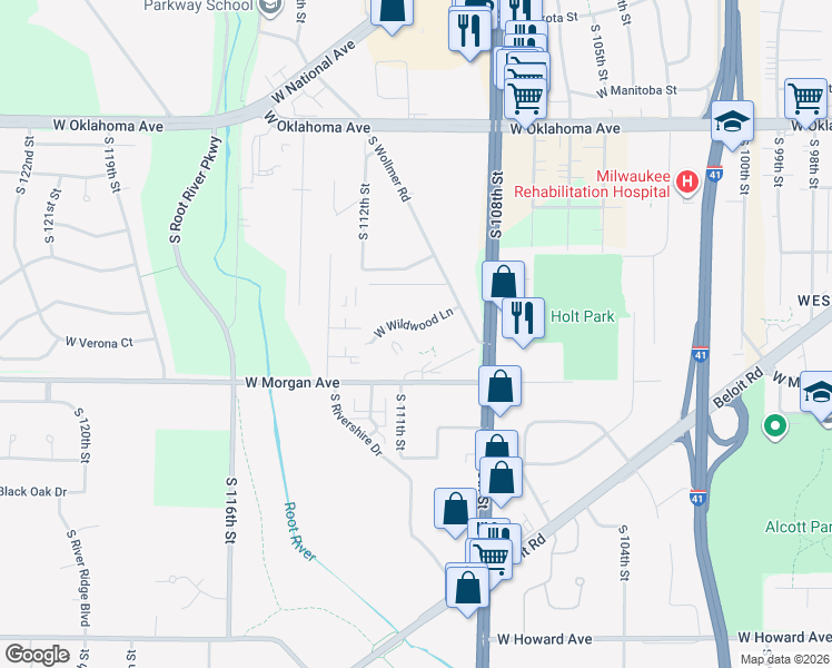 map of restaurants, bars, coffee shops, grocery stores, and more near 3465 South 108th Street in West Allis