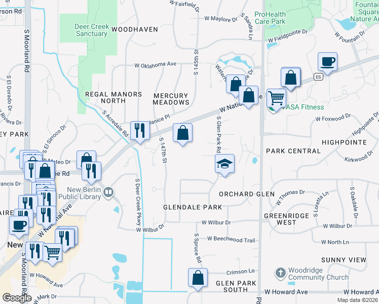 map of restaurants, bars, coffee shops, grocery stores, and more near in New Berlin