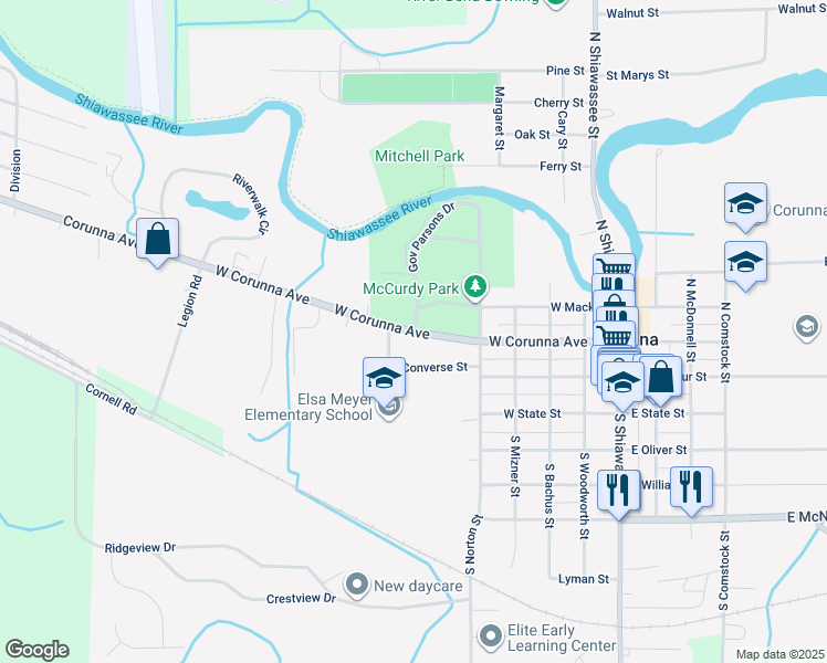 map of restaurants, bars, coffee shops, grocery stores, and more near 570 West Corunna Avenue in Corunna