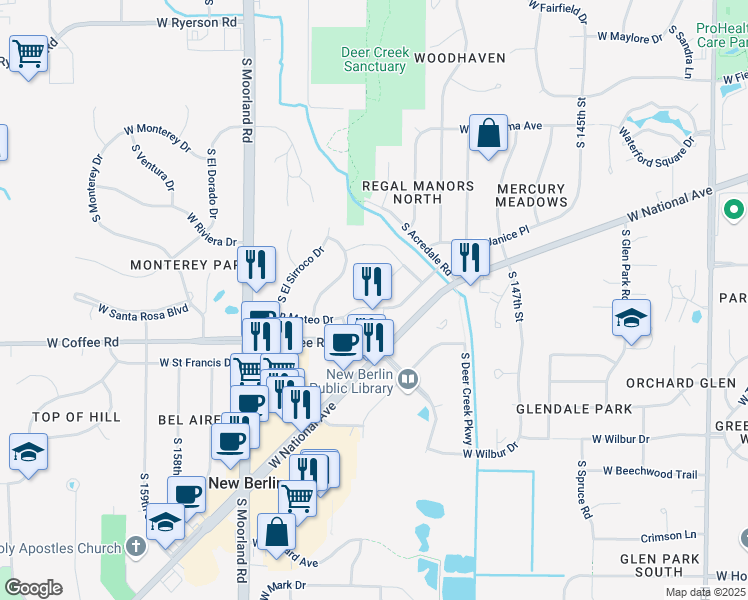 map of restaurants, bars, coffee shops, grocery stores, and more near 14979 West Vera Cruz Court in New Berlin