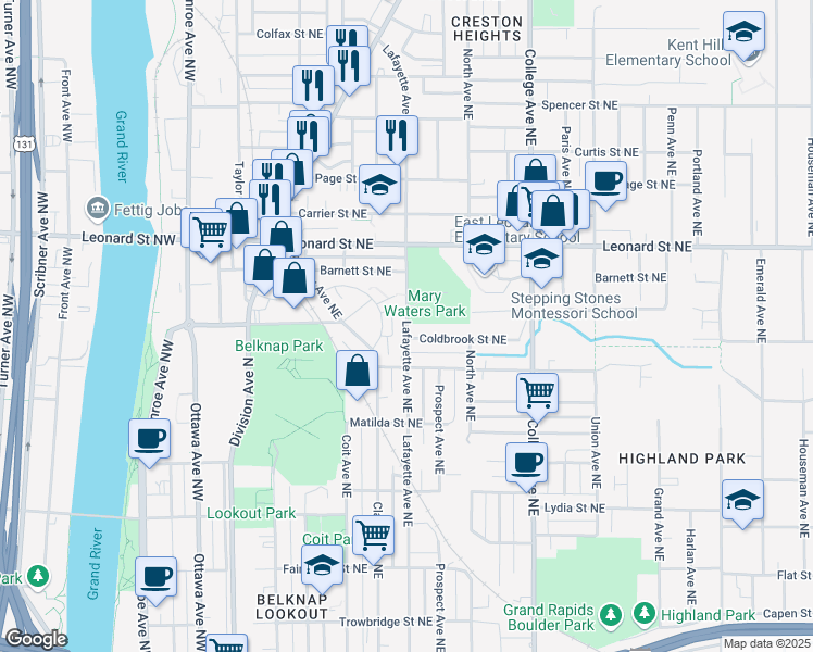 map of restaurants, bars, coffee shops, grocery stores, and more near 1049 Lafayette Avenue Northeast in Grand Rapids