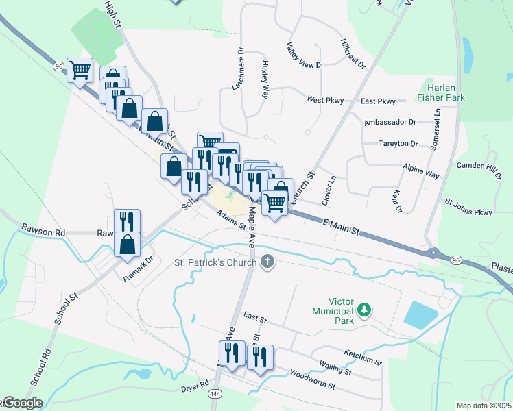 map of restaurants, bars, coffee shops, grocery stores, and more near 2 East Main Street in Victor