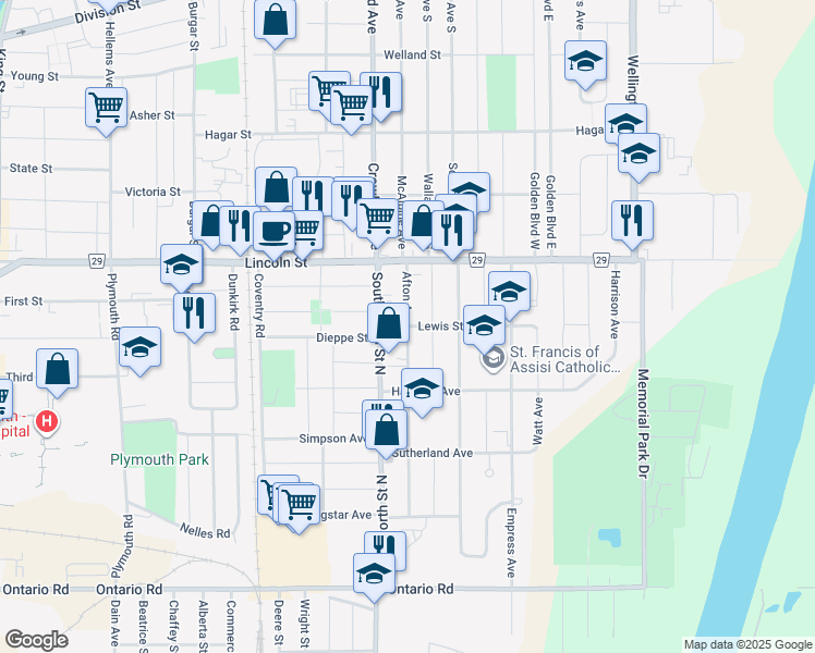 map of restaurants, bars, coffee shops, grocery stores, and more near Afton Avenue in Welland