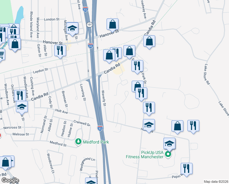 map of restaurants, bars, coffee shops, grocery stores, and more near 123 North Eastgate Way in Manchester