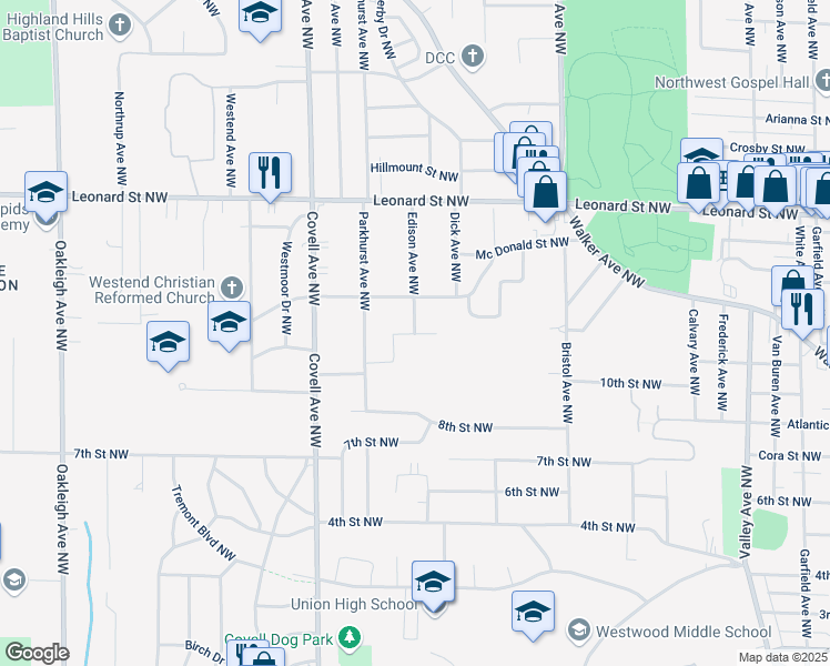 map of restaurants, bars, coffee shops, grocery stores, and more near 930 Edison Avenue Northwest in Grand Rapids