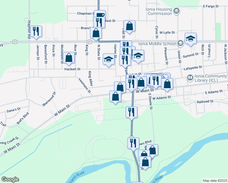 map of restaurants, bars, coffee shops, grocery stores, and more near 608 West Main Street in Ionia