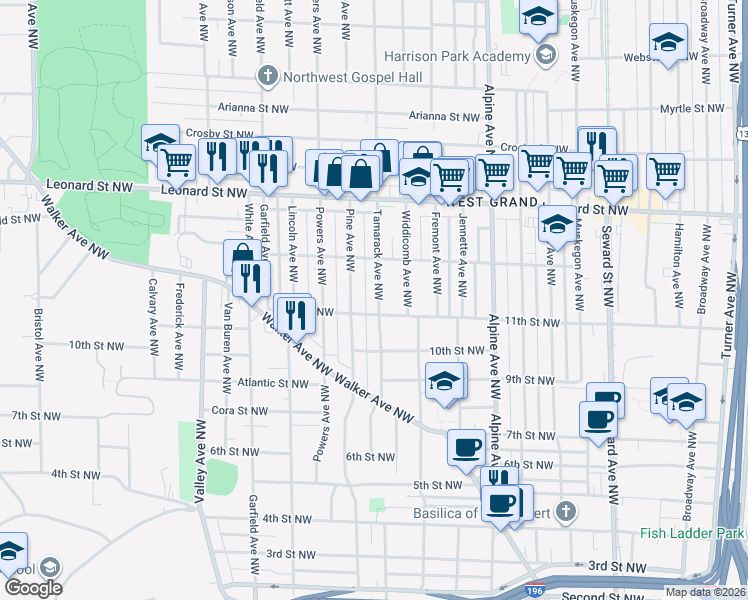map of restaurants, bars, coffee shops, grocery stores, and more near 1013 Tamarack Avenue Northwest in Grand Rapids