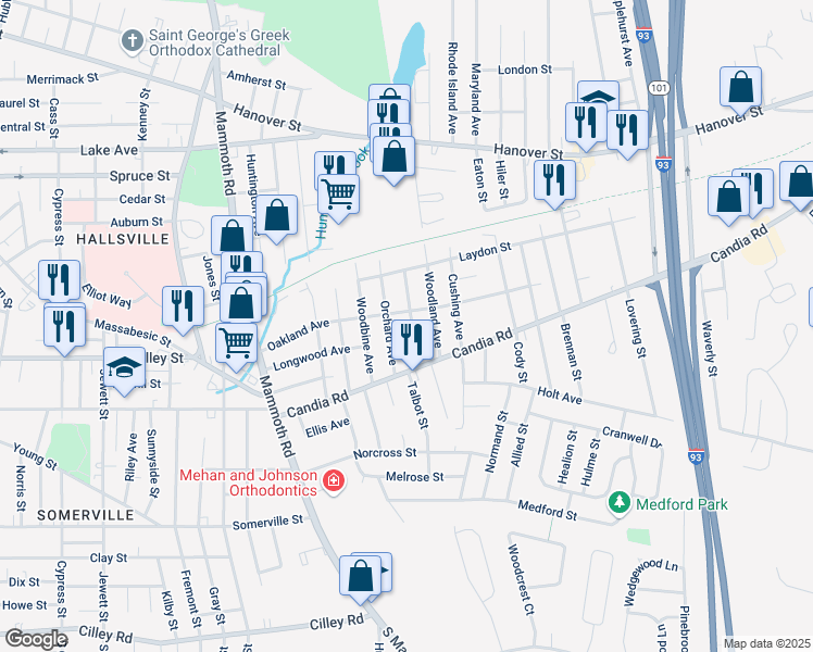 map of restaurants, bars, coffee shops, grocery stores, and more near 70 Highland Park Avenue in Manchester
