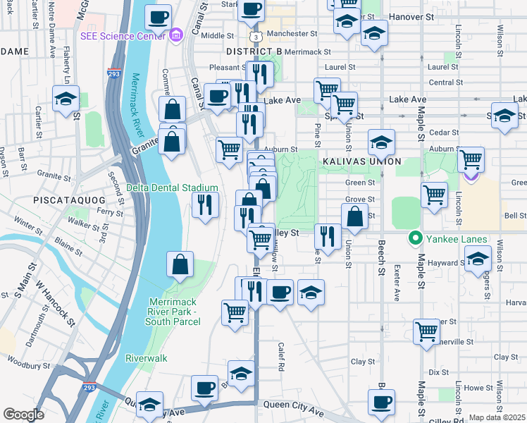 map of restaurants, bars, coffee shops, grocery stores, and more near 295 Elm Street in Manchester