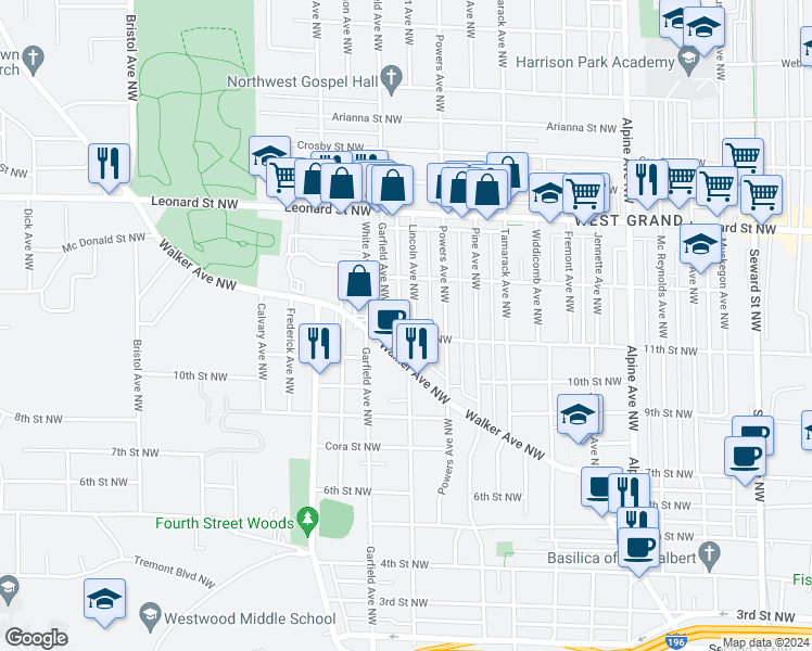 map of restaurants, bars, coffee shops, grocery stores, and more near 1011 Lincoln Avenue Northwest in Grand Rapids