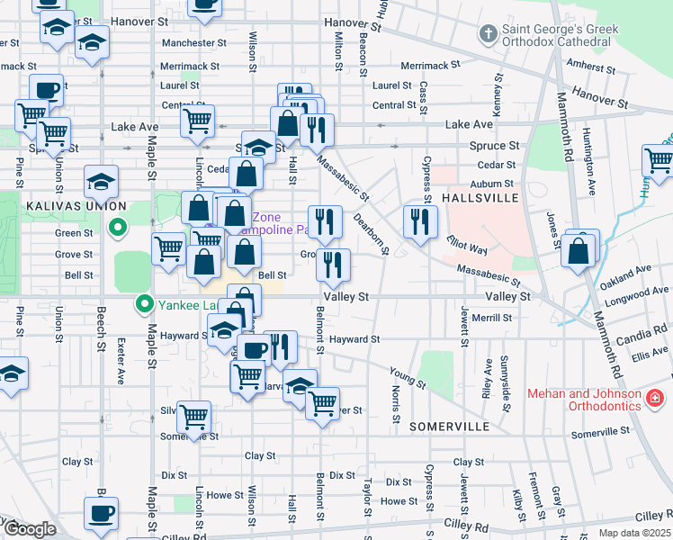 map of restaurants, bars, coffee shops, grocery stores, and more near 722 Valley Street in Manchester