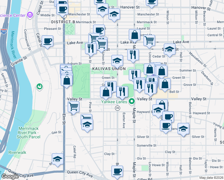map of restaurants, bars, coffee shops, grocery stores, and more near 291 Grove Street in Manchester