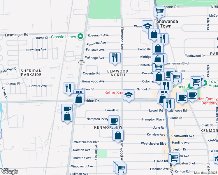 map of restaurants, bars, coffee shops, grocery stores, and more near 213 School Street in Buffalo
