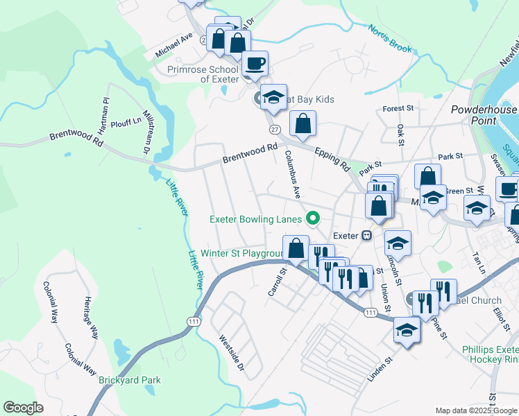map of restaurants, bars, coffee shops, grocery stores, and more near 47 Washington Street in Exeter