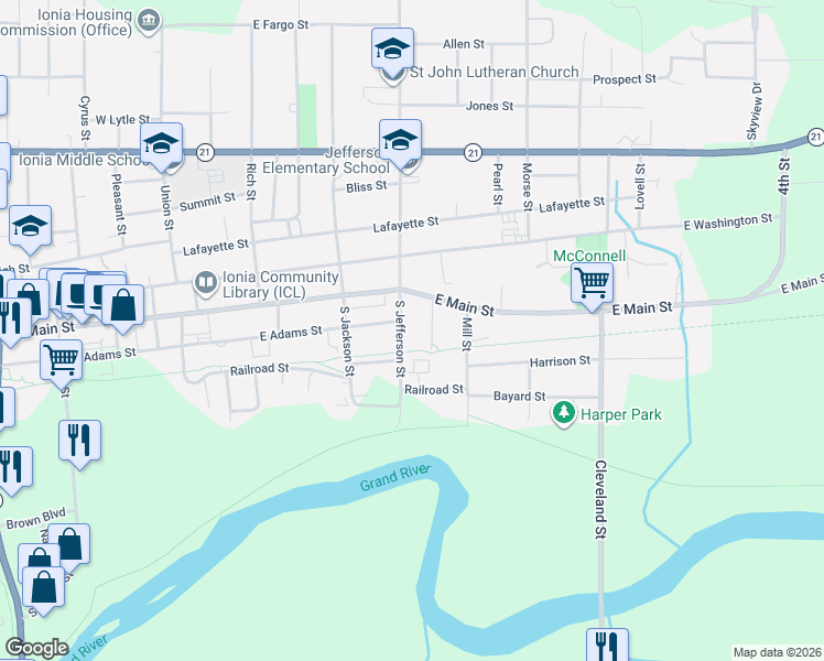 map of restaurants, bars, coffee shops, grocery stores, and more near 206 South Jefferson Street in Ionia