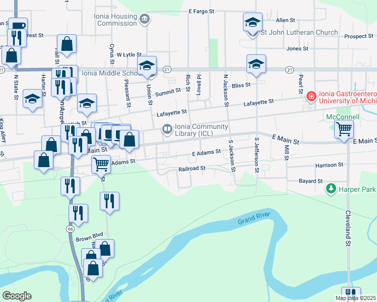 map of restaurants, bars, coffee shops, grocery stores, and more near 164 East Adams Street in Ionia
