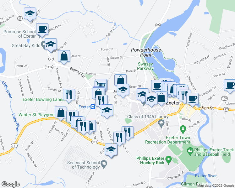 map of restaurants, bars, coffee shops, grocery stores, and more near 68 Main Street in Exeter