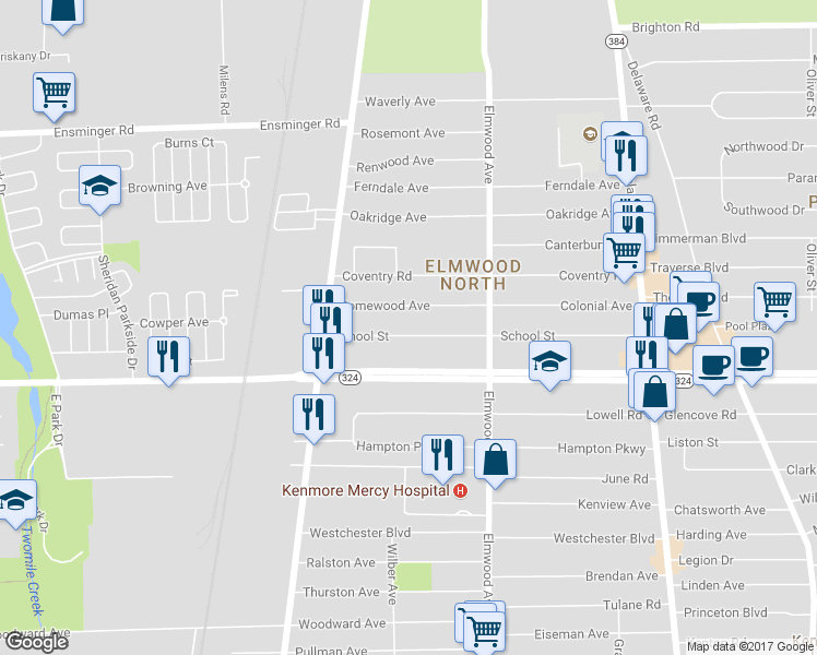 map of restaurants, bars, coffee shops, grocery stores, and more near 247 School Street in Buffalo