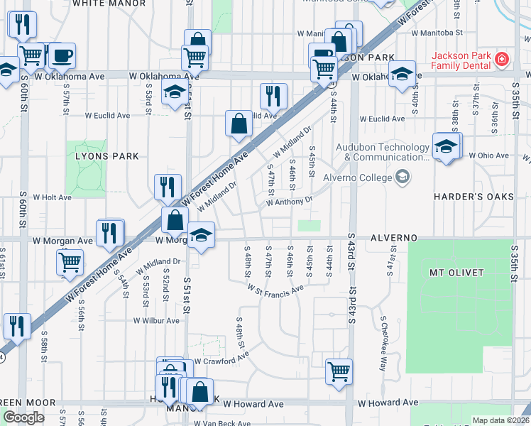 map of restaurants, bars, coffee shops, grocery stores, and more near 4721 West Anthony Drive in Greenfield