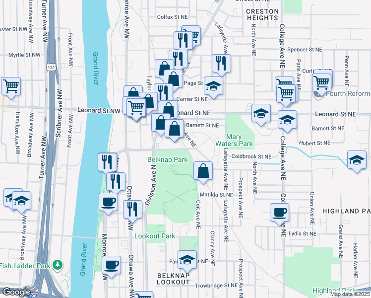 map of restaurants, bars, coffee shops, grocery stores, and more near 180 Coldbrook Street Northeast in Grand Rapids