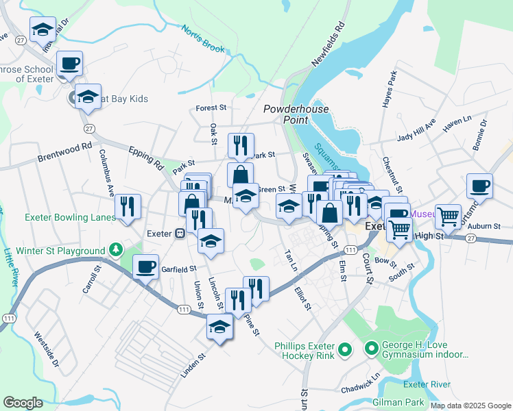 map of restaurants, bars, coffee shops, grocery stores, and more near 49 Main Street in Exeter