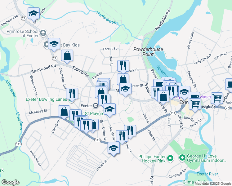 map of restaurants, bars, coffee shops, grocery stores, and more near 68 Main Street in Exeter