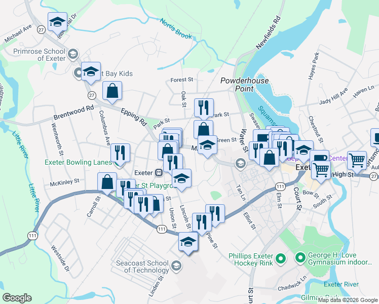map of restaurants, bars, coffee shops, grocery stores, and more near 68 Main Street in Exeter