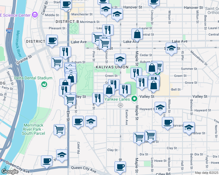 map of restaurants, bars, coffee shops, grocery stores, and more near 233 Grove Street in Manchester
