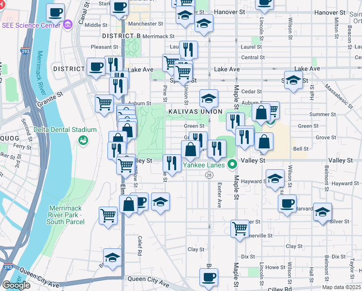 map of restaurants, bars, coffee shops, grocery stores, and more near 181 Grove Street in Manchester