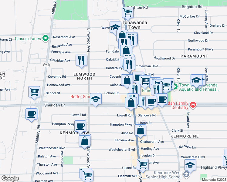 map of restaurants, bars, coffee shops, grocery stores, and more near 44 Colonial Avenue in Buffalo