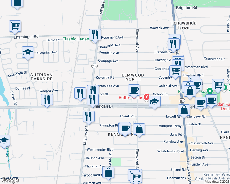 map of restaurants, bars, coffee shops, grocery stores, and more near 247 School Street in Buffalo