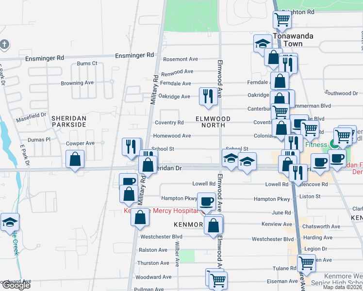 map of restaurants, bars, coffee shops, grocery stores, and more near 247 School Street in Buffalo
