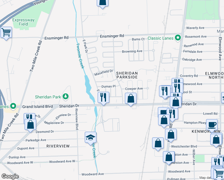 map of restaurants, bars, coffee shops, grocery stores, and more near 53-63 Dumas Place in Tonawanda