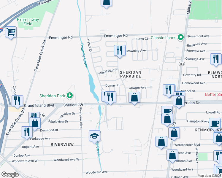 map of restaurants, bars, coffee shops, grocery stores, and more near 15-25 Dumas Place in Tonawanda