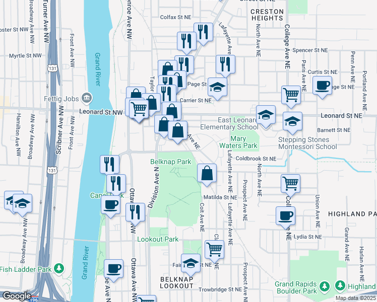 map of restaurants, bars, coffee shops, grocery stores, and more near 1111 Clancy Avenue Northeast in Grand Rapids