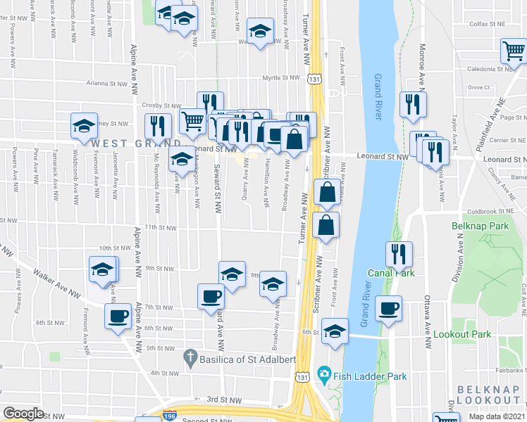 map of restaurants, bars, coffee shops, grocery stores, and more near 1040 Hamilton Avenue Northwest in Grand Rapids