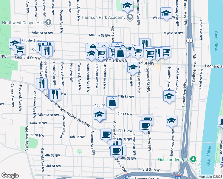 map of restaurants, bars, coffee shops, grocery stores, and more near 1028 Jennette Avenue Northwest in Grand Rapids