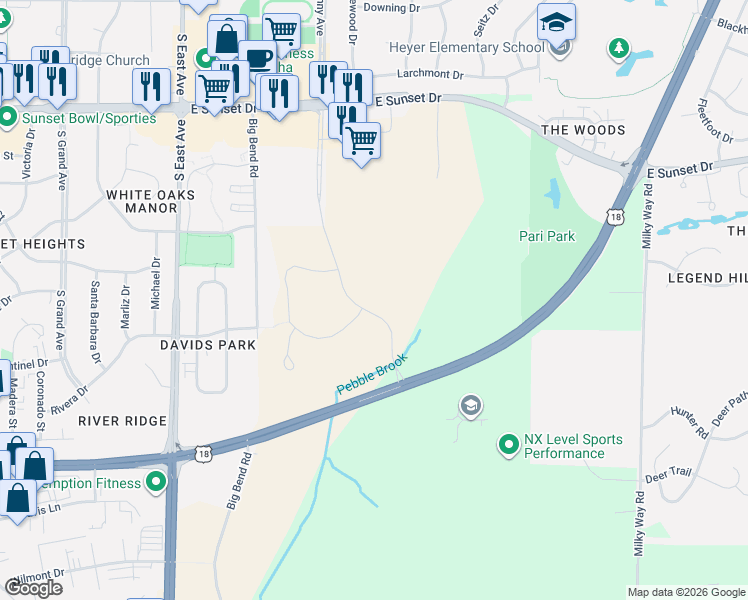 map of restaurants, bars, coffee shops, grocery stores, and more near W238S3386 Big Bend Road in Waukesha