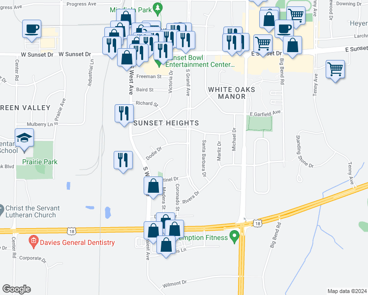map of restaurants, bars, coffee shops, grocery stores, and more near 313 Dodie Drive in Waukesha