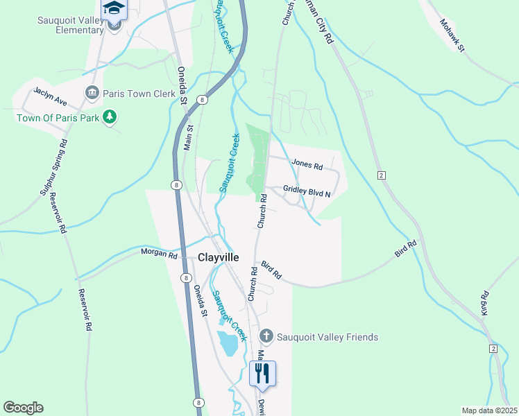 map of restaurants, bars, coffee shops, grocery stores, and more near 2481 Church Road in Sauquoit