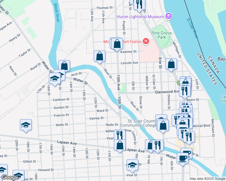 map of restaurants, bars, coffee shops, grocery stores, and more near 817 10th Avenue in Port Huron