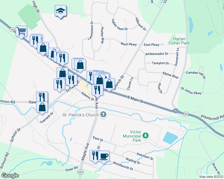 map of restaurants, bars, coffee shops, grocery stores, and more near 15 Church Street in Victor