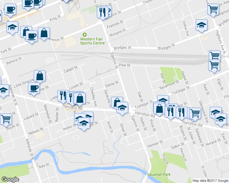 map of restaurants, bars, coffee shops, grocery stores, and more near 970 Hackett Street in London