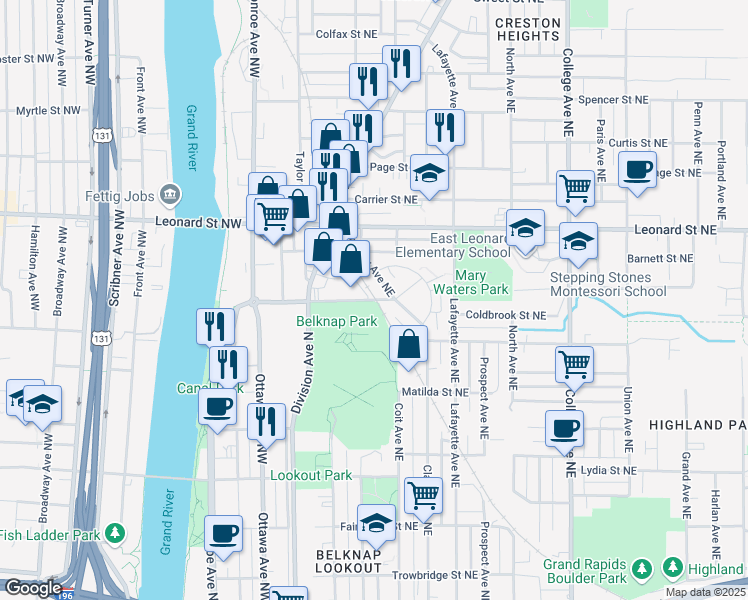 map of restaurants, bars, coffee shops, grocery stores, and more near 187 Coldbrook Street Northeast in Grand Rapids