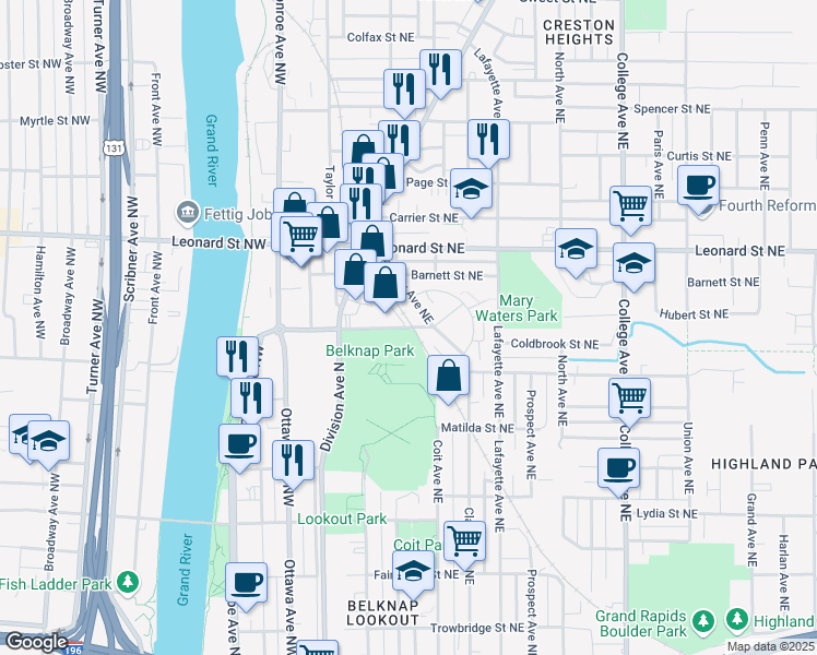 map of restaurants, bars, coffee shops, grocery stores, and more near 175 Coldbrook Street Northeast in Grand Rapids