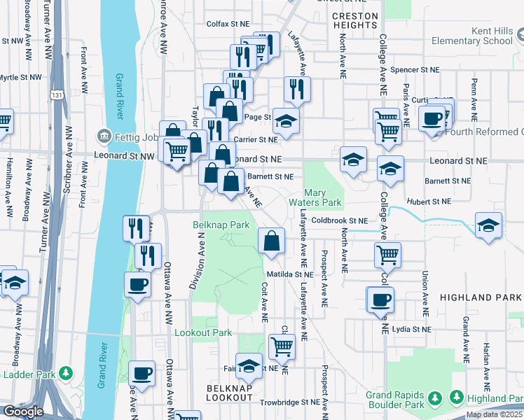 map of restaurants, bars, coffee shops, grocery stores, and more near 231 Coldbrook Street Northeast in Grand Rapids
